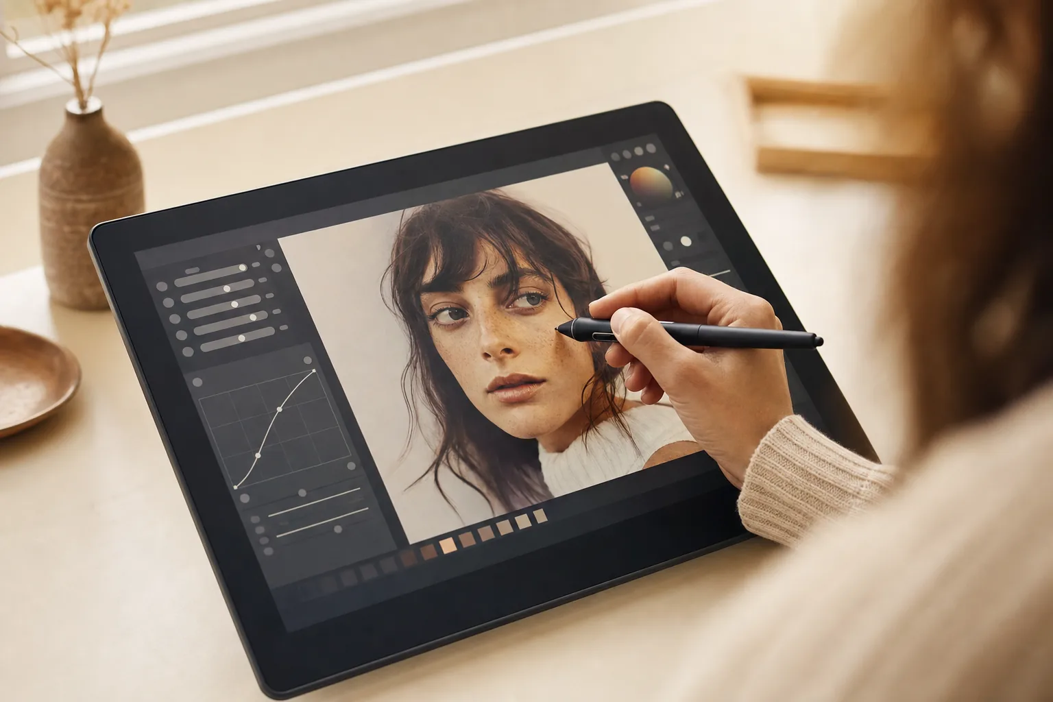 A photo editor adjusting masks and color grading on a portrait in an AI editing app