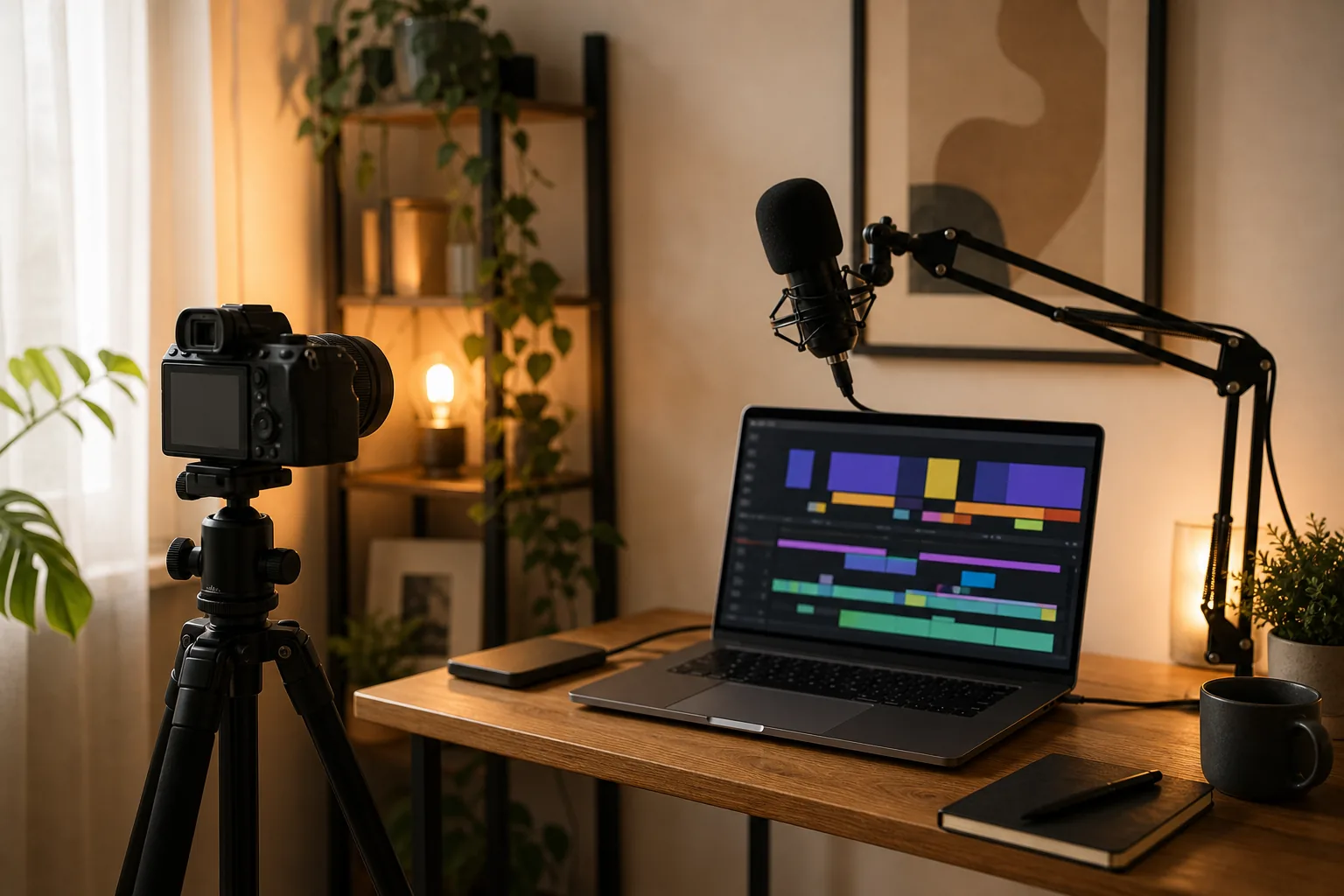 A beginner video editing timeline with stacked video and audio tracks and a color grading panel