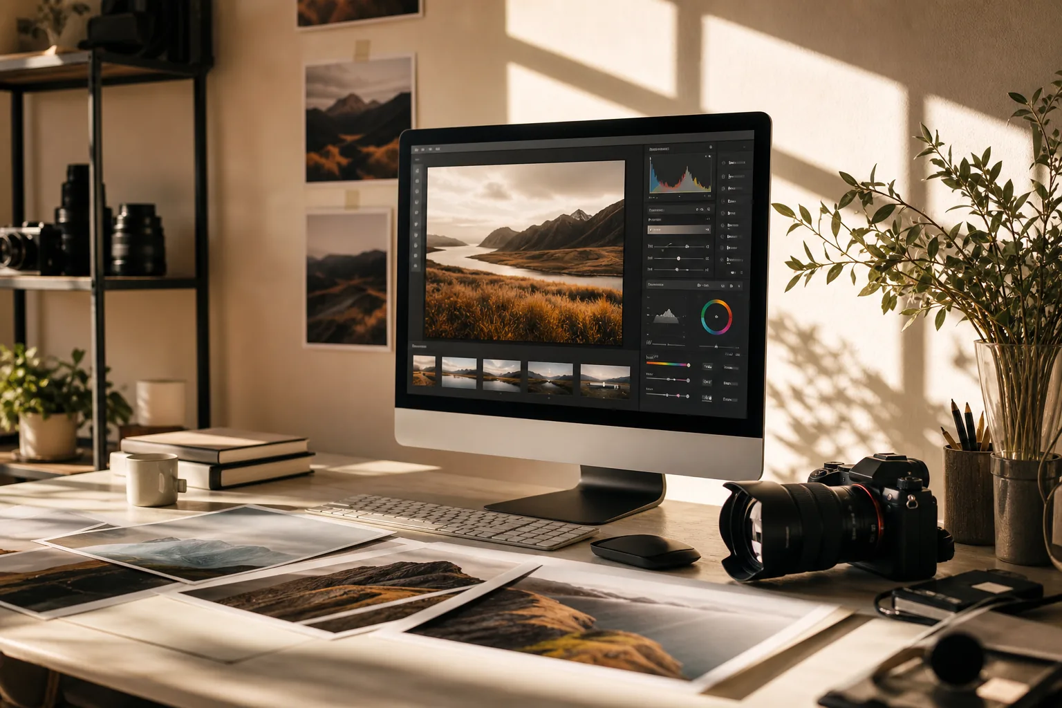 A photographer reviewing AI-edited RAW files on a calibrated monitor in the EditFrame studio
